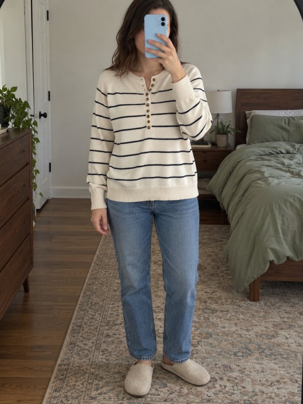 Cream Navy Striped Henley Knit Sweater Long Sleeve Relaxed Fit M